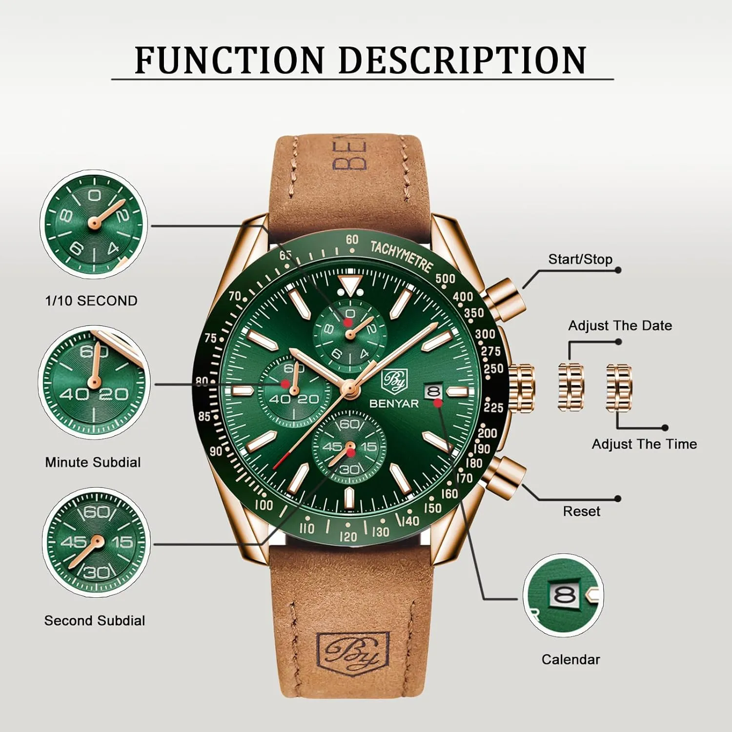 BENYAR Men's Watch Quartz Movement Chronograph 30M Waterproof Luminous Casual Sports Business Men's Leather Watch