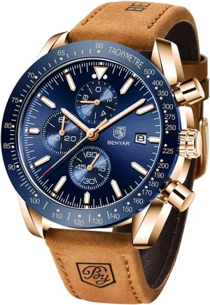 BENYAR Men's Watch Quartz Movement Chronograph 30M Waterproof Luminous Casual Sports Business Men's Leather Watch
