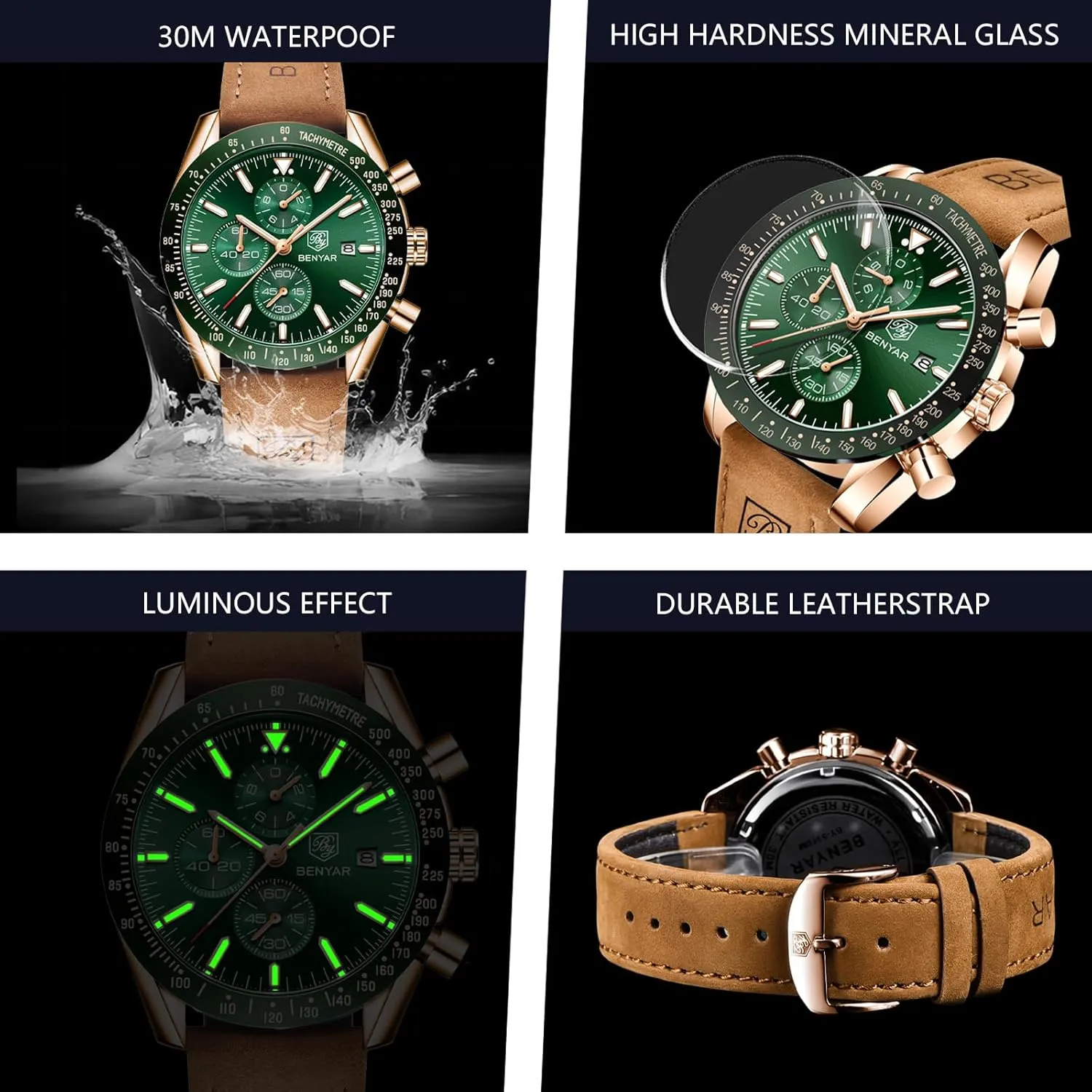 BENYAR Men's Watch Quartz Movement Chronograph 30M Waterproof Luminous Casual Sports Business Men's Leather Watch