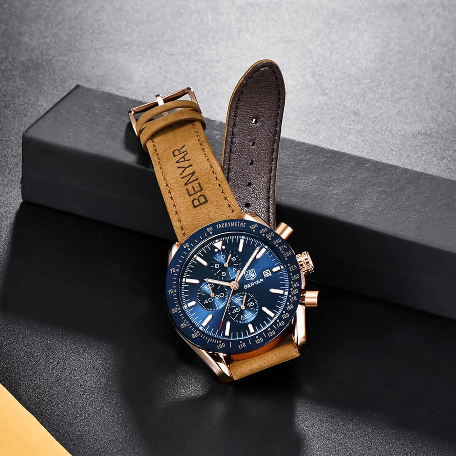 BENYAR Men's Watch Quartz Movement Chronograph 30M Waterproof Luminous Casual Sports Business Men's Leather Watch