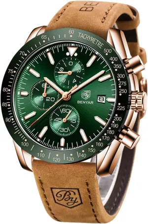 BENYAR Men's Watch Quartz Movement Chronograph 30M Waterproof Luminous Casual Sports Business Men's Leather Watch