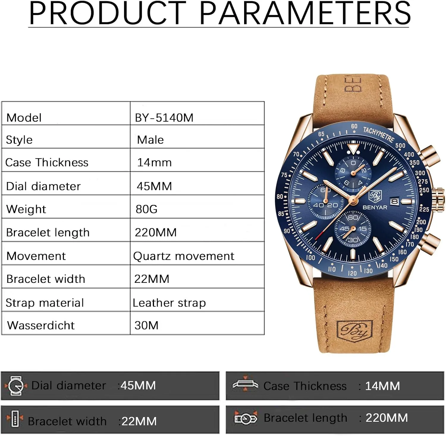 BENYAR Men's Watch Quartz Movement Chronograph 30M Waterproof Luminous Casual Sports Business Men's Leather Watch