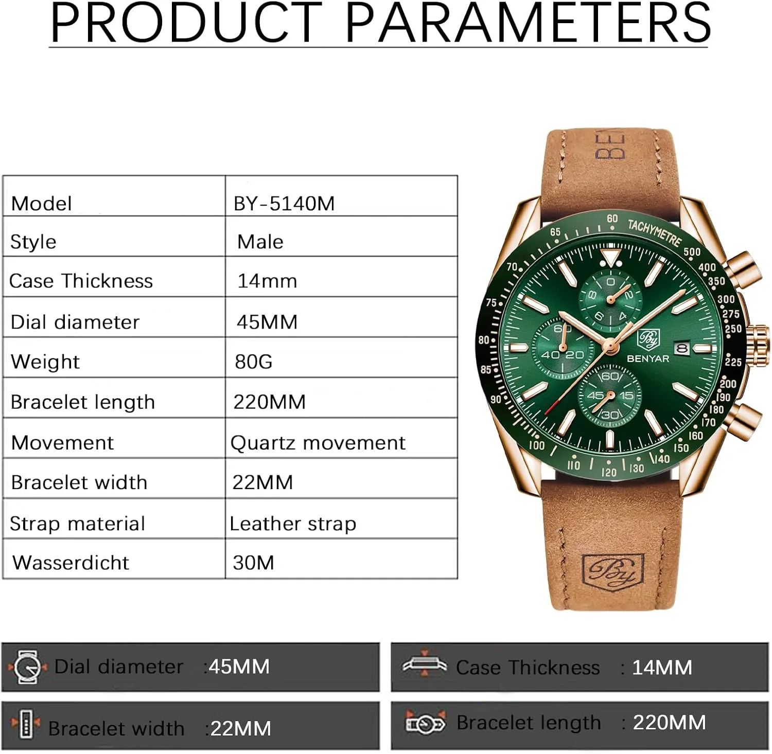 BENYAR Men's Watch Quartz Movement Chronograph 30M Waterproof Luminous Casual Sports Business Men's Leather Watch