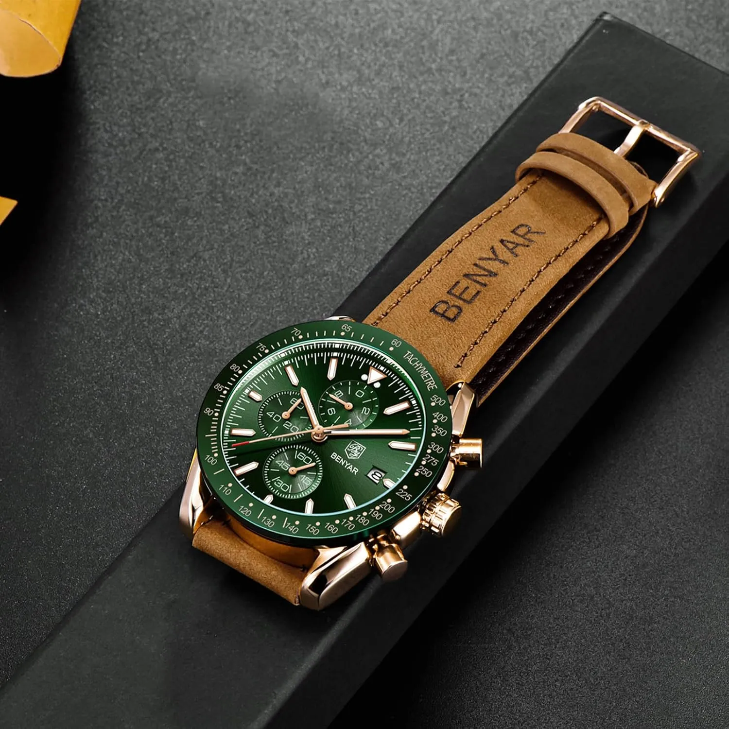 BENYAR Men's Watch Quartz Movement Chronograph 30M Waterproof Luminous Casual Sports Business Men's Leather Watch