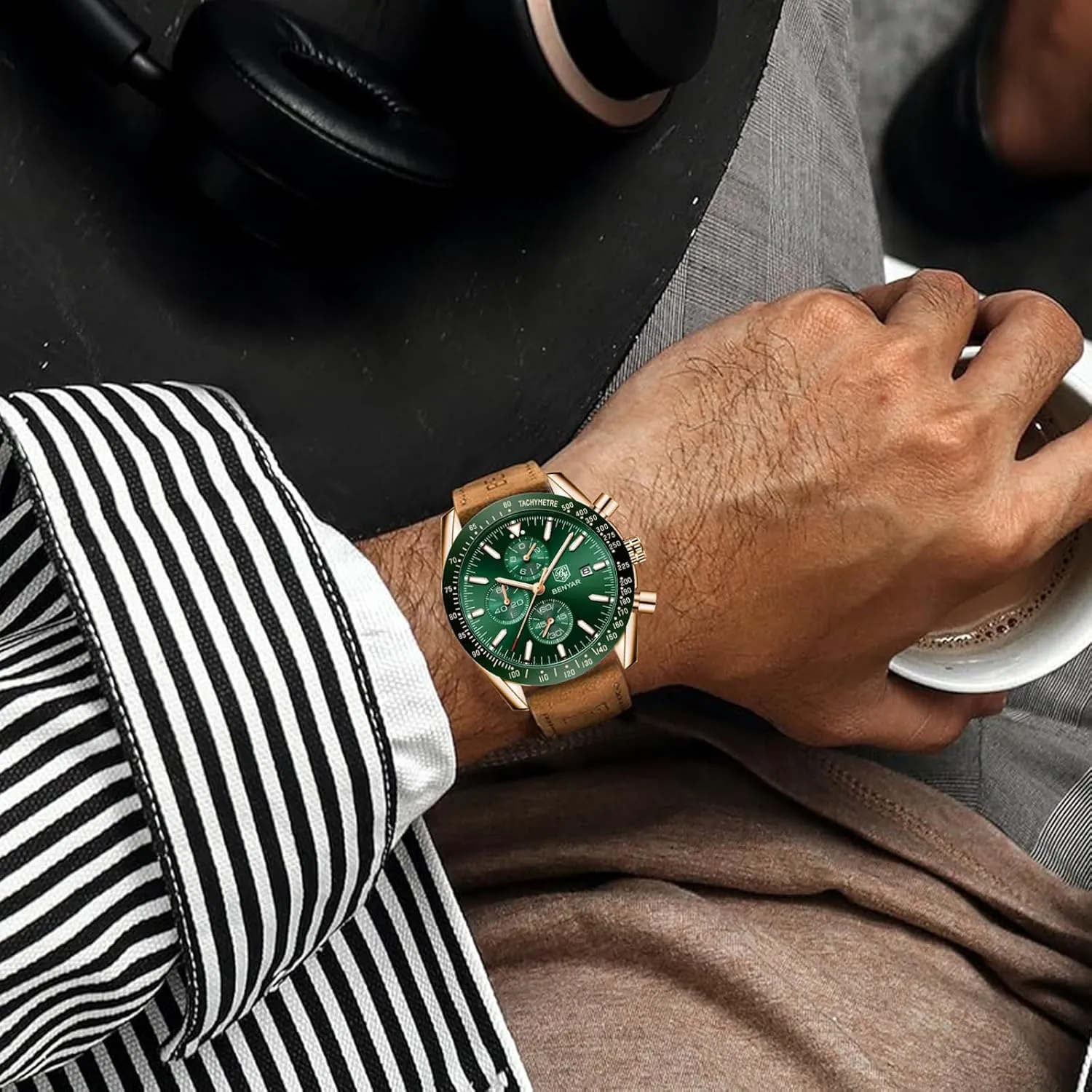BENYAR Men's Watch Quartz Movement Chronograph 30M Waterproof Luminous Casual Sports Business Men's Leather Watch