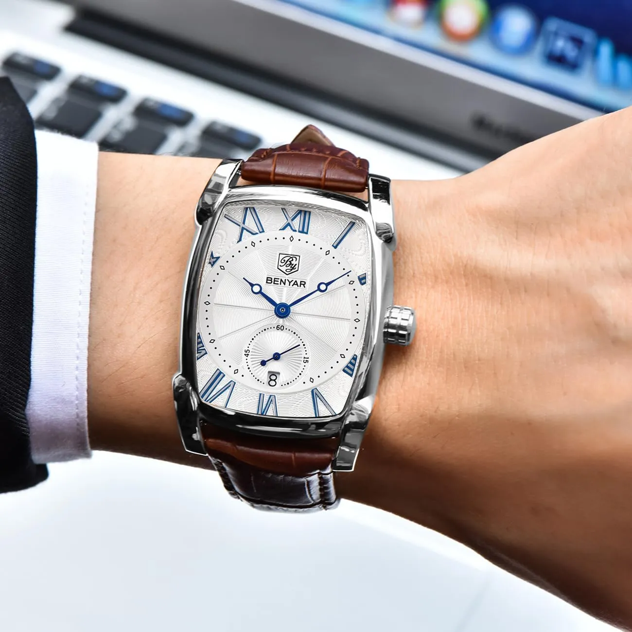 BENYAR Waterproof Classic Rectangle Case Vintage Design Watches Leather Strap Business Casual Wrist Watch for Men
