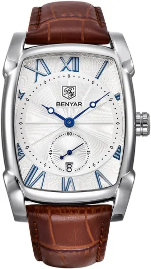 BENYAR Waterproof Classic Rectangle Case Vintage Design Watches Leather Strap Business Casual Wrist Watch for Men
