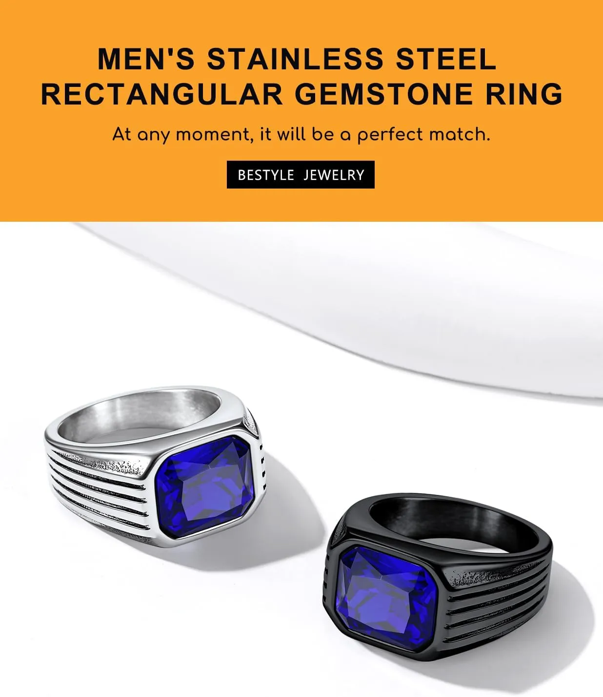 Bestyle Chunky Signet Ring for Men, Stainless Steel/Black Ring Synthetic Gemstone Band Ring Biker Ring for Men, Thumb Pinky Ring Mens Fashion Ring Jewelry Size 7-14, Gift Package