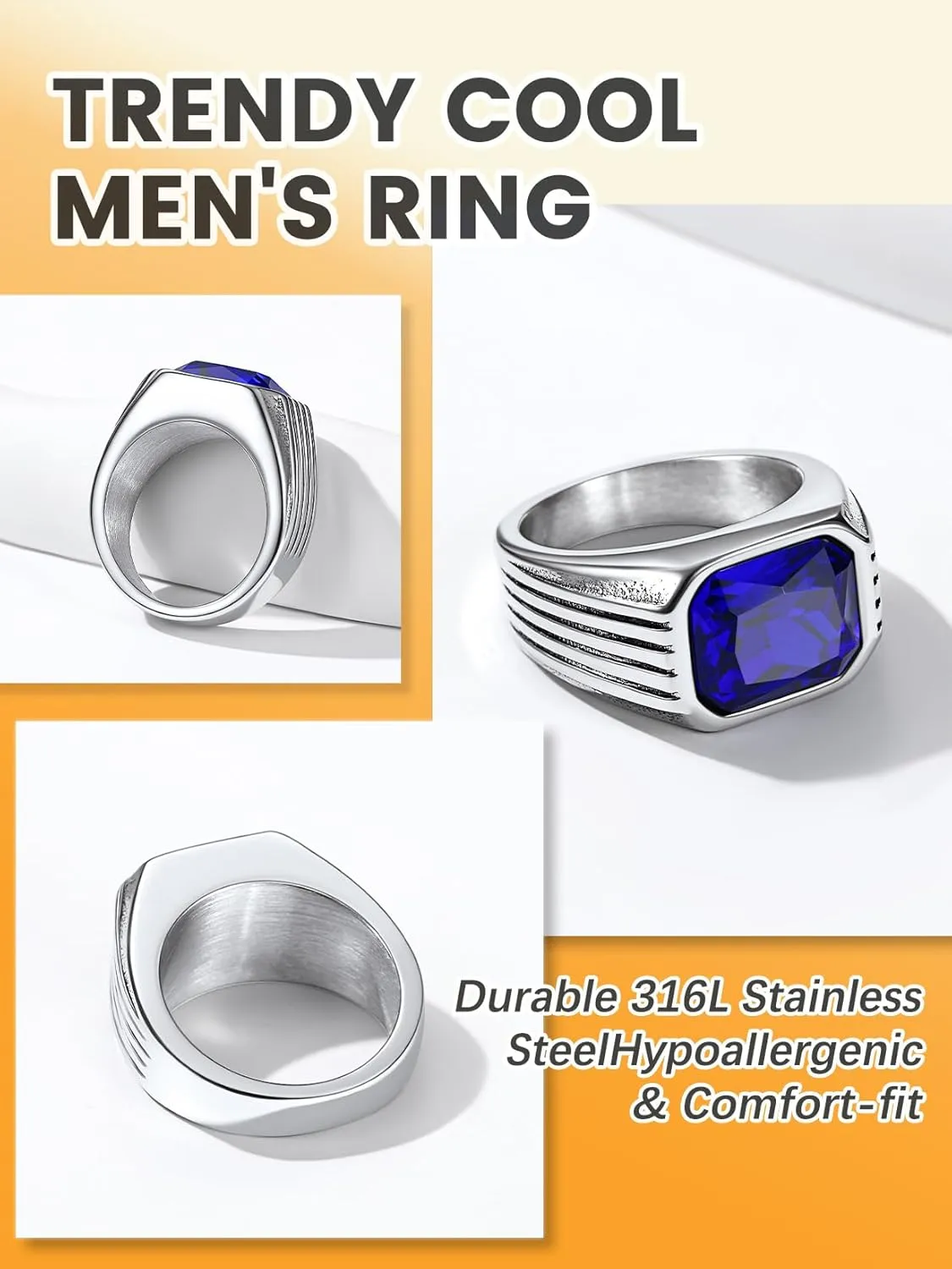 Bestyle Chunky Signet Ring for Men, Stainless Steel/Black Ring Synthetic Gemstone Band Ring Biker Ring for Men, Thumb Pinky Ring Mens Fashion Ring Jewelry Size 7-14, Gift Package