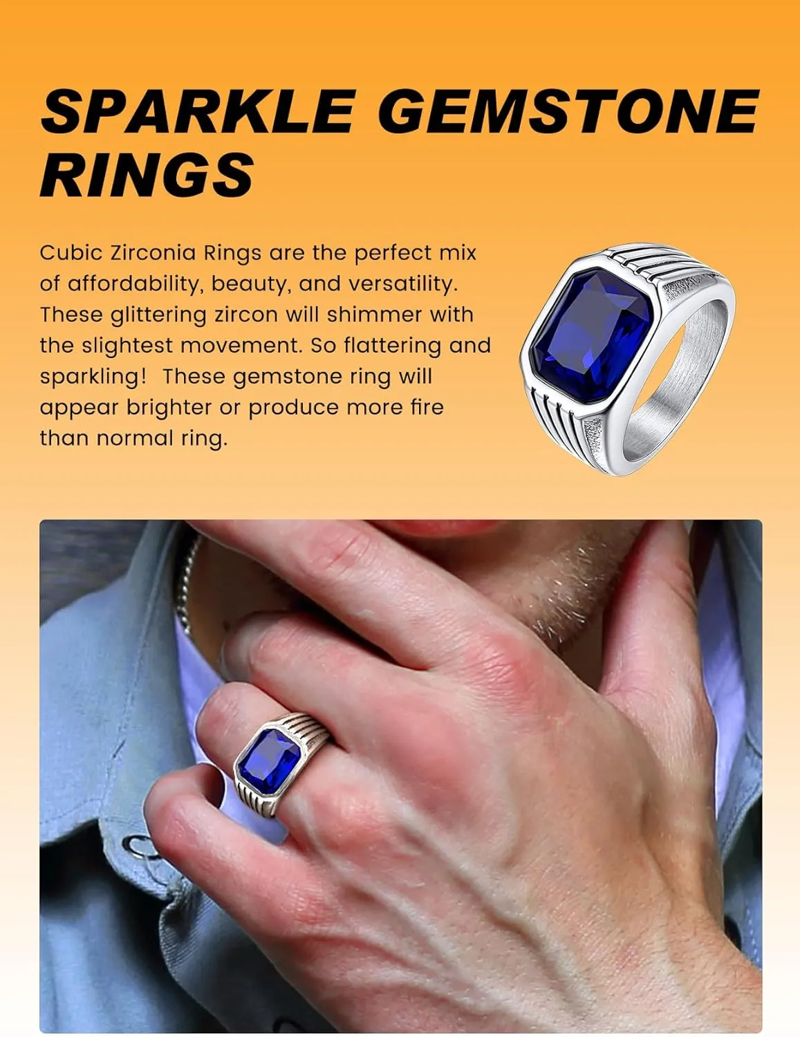 Bestyle Chunky Signet Ring for Men, Stainless Steel/Black Ring Synthetic Gemstone Band Ring Biker Ring for Men, Thumb Pinky Ring Mens Fashion Ring Jewelry Size 7-14, Gift Package