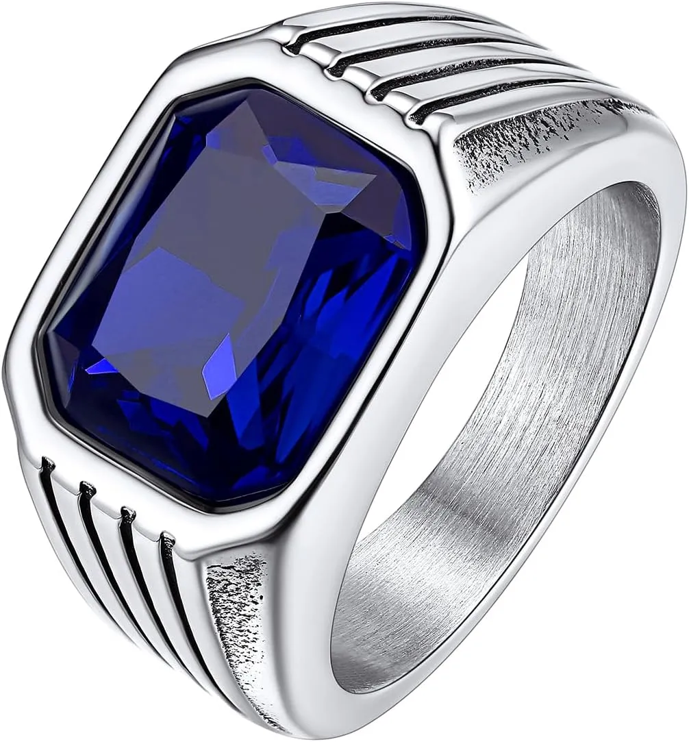 Bestyle Chunky Signet Ring for Men, Stainless Steel/Black Ring Synthetic Gemstone Band Ring Biker Ring for Men, Thumb Pinky Ring Mens Fashion Ring Jewelry Size 7-14, Gift Package