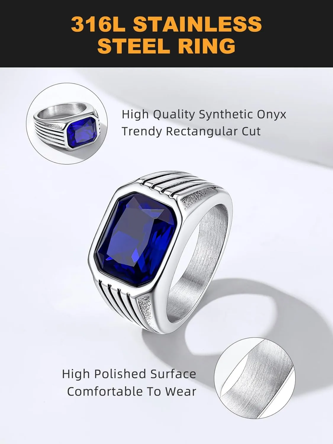 Bestyle Chunky Signet Ring for Men, Stainless Steel/Black Ring Synthetic Gemstone Band Ring Biker Ring for Men, Thumb Pinky Ring Mens Fashion Ring Jewelry Size 7-14, Gift Package
