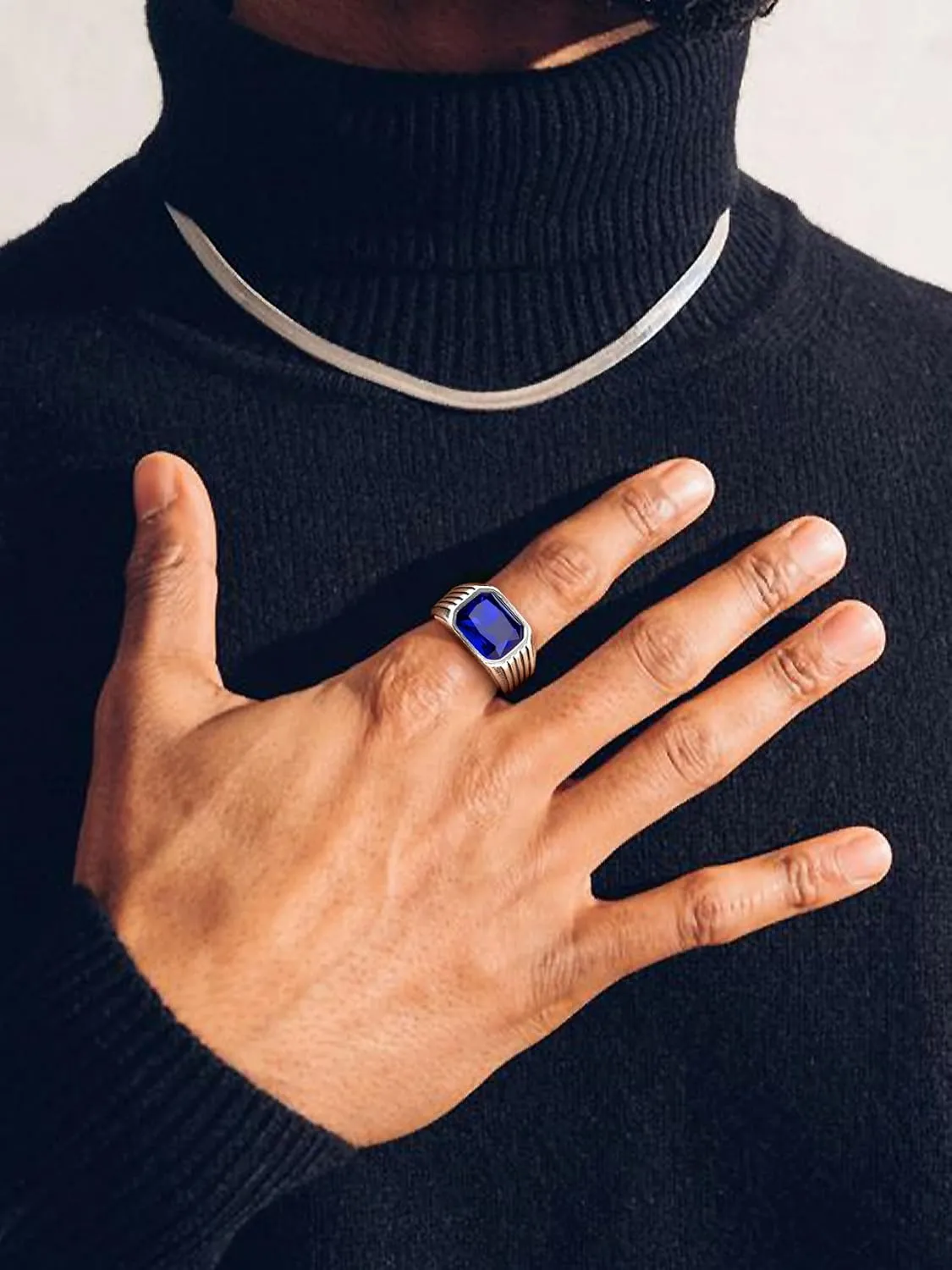 Bestyle Chunky Signet Ring for Men, Stainless Steel/Black Ring Synthetic Gemstone Band Ring Biker Ring for Men, Thumb Pinky Ring Mens Fashion Ring Jewelry Size 7-14, Gift Package
