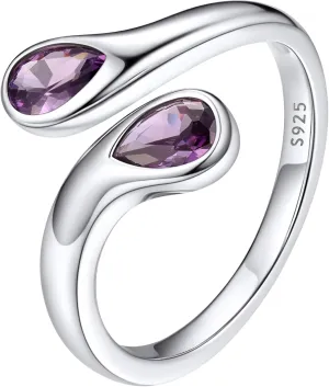 Bestyle Silver Birthstone Ring for Women, Dainty Sterling Silver Teardrop Ring Open Adjustable Band Ring, Love Statement TOI et Moi Ring Promise Ring for Her