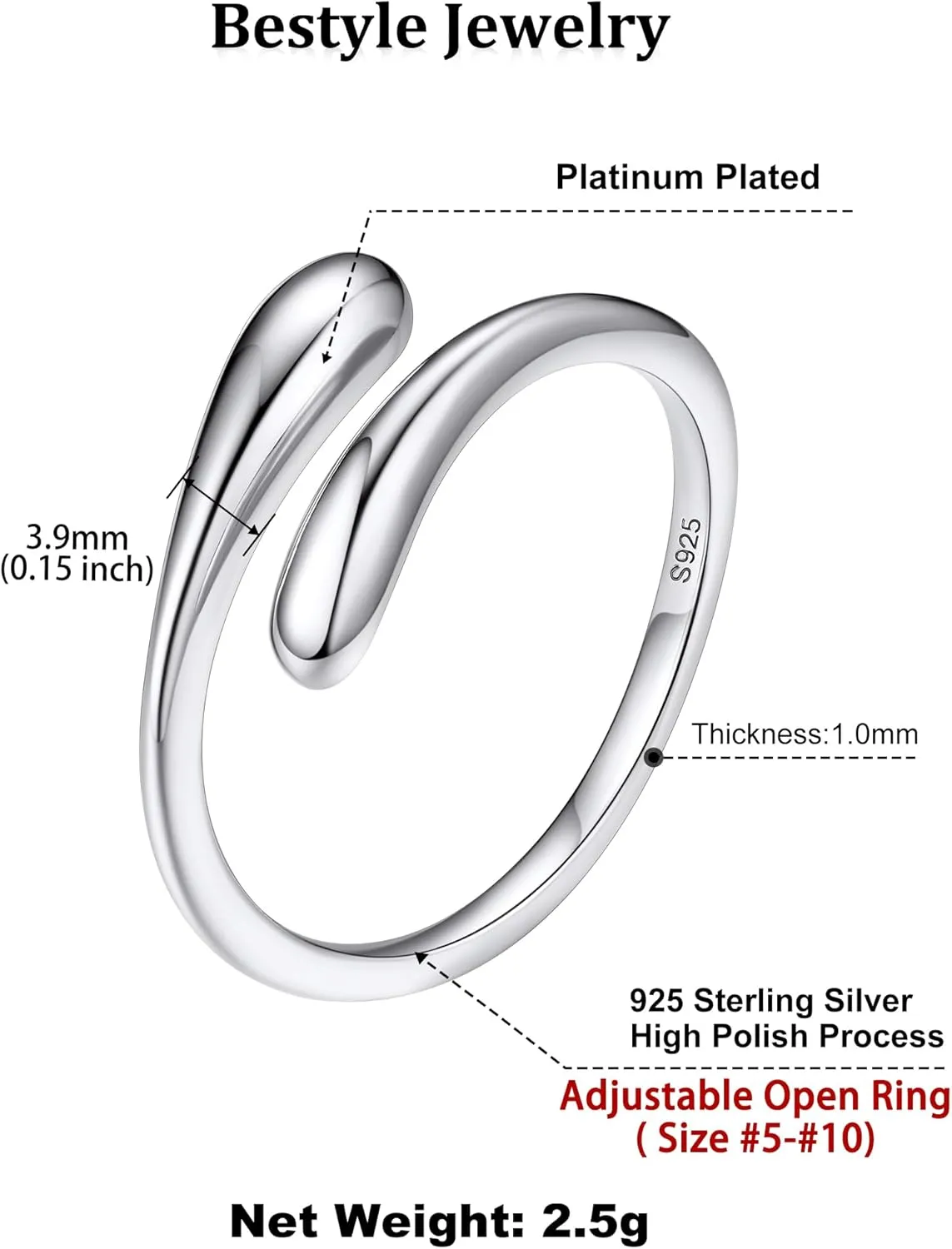 Bestyle Silver Birthstone Ring for Women, Dainty Sterling Silver Teardrop Ring Open Adjustable Band Ring, Love Statement TOI et Moi Ring Promise Ring for Her