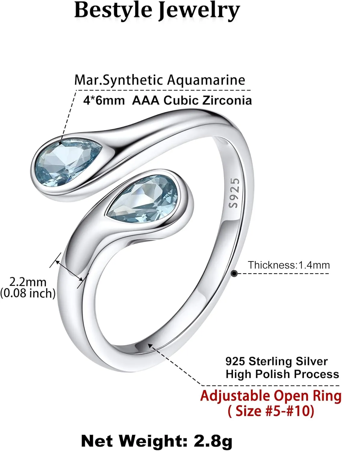 Bestyle Silver Birthstone Ring for Women, Dainty Sterling Silver Teardrop Ring Open Adjustable Band Ring, Love Statement TOI et Moi Ring Promise Ring for Her