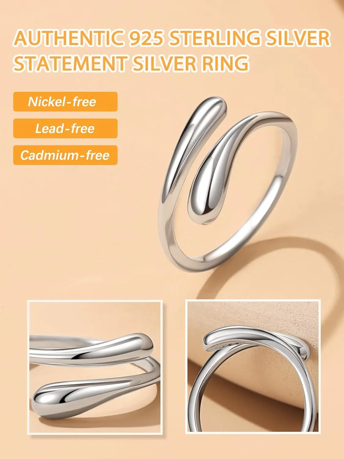 Bestyle Silver Birthstone Ring for Women, Dainty Sterling Silver Teardrop Ring Open Adjustable Band Ring, Love Statement TOI et Moi Ring Promise Ring for Her
