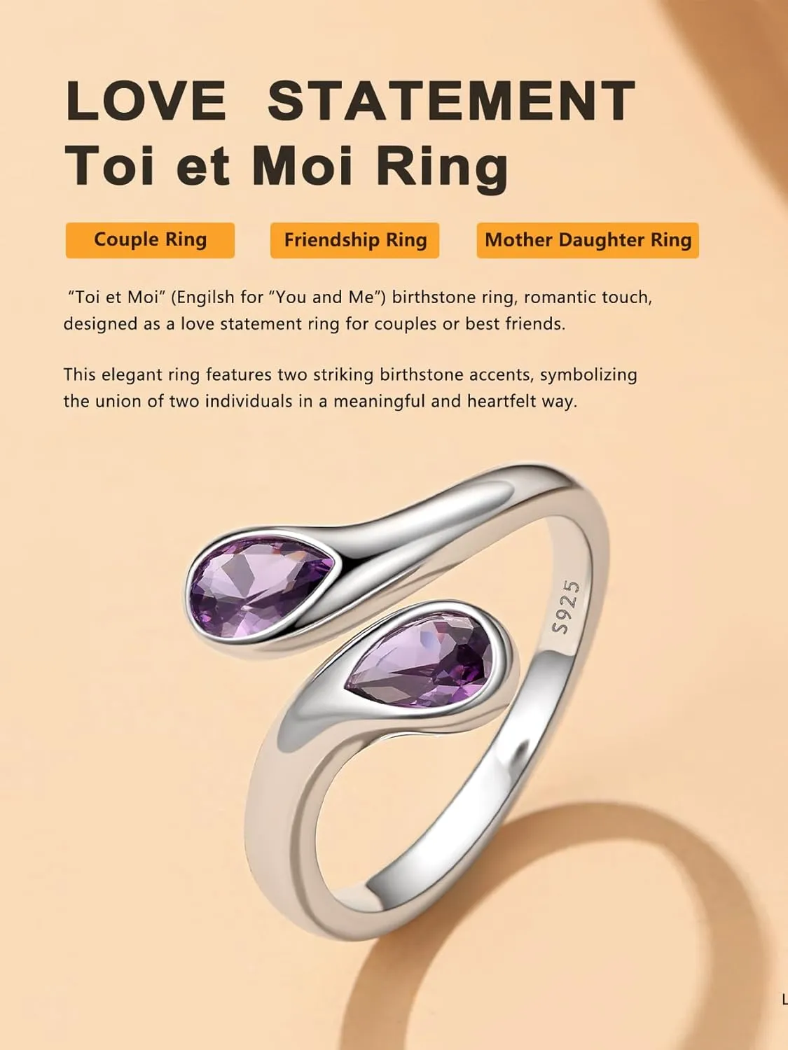 Bestyle Silver Birthstone Ring for Women, Dainty Sterling Silver Teardrop Ring Open Adjustable Band Ring, Love Statement TOI et Moi Ring Promise Ring for Her