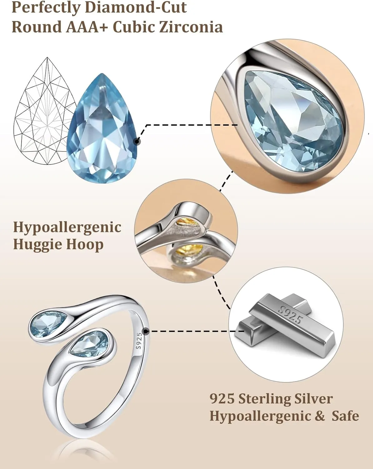 Bestyle Silver Birthstone Ring for Women, Dainty Sterling Silver Teardrop Ring Open Adjustable Band Ring, Love Statement TOI et Moi Ring Promise Ring for Her
