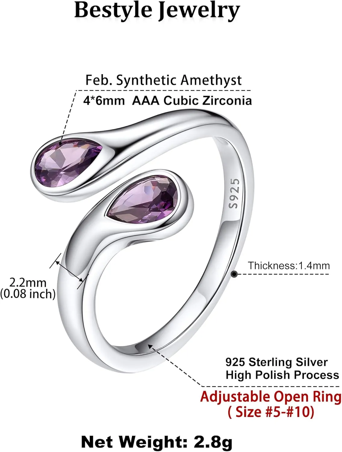 Bestyle Silver Birthstone Ring for Women, Dainty Sterling Silver Teardrop Ring Open Adjustable Band Ring, Love Statement TOI et Moi Ring Promise Ring for Her