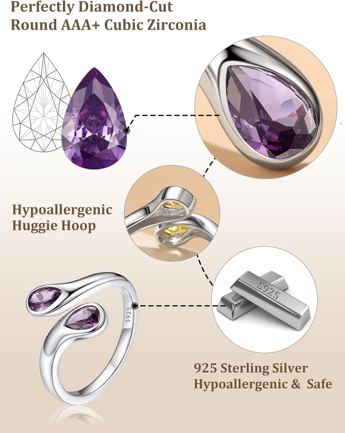 Bestyle Silver Birthstone Ring for Women, Dainty Sterling Silver Teardrop Ring Open Adjustable Band Ring, Love Statement TOI et Moi Ring Promise Ring for Her