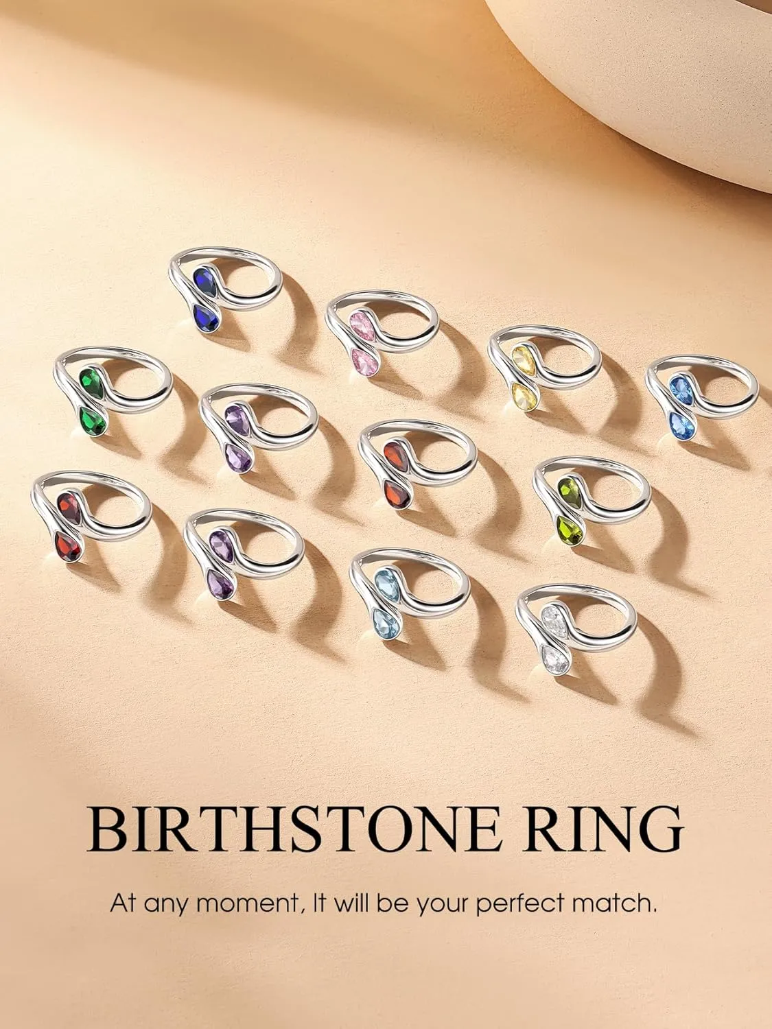 Bestyle Silver Birthstone Ring for Women, Dainty Sterling Silver Teardrop Ring Open Adjustable Band Ring, Love Statement TOI et Moi Ring Promise Ring for Her