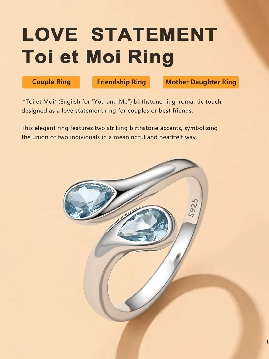 Bestyle Silver Birthstone Ring for Women, Dainty Sterling Silver Teardrop Ring Open Adjustable Band Ring, Love Statement TOI et Moi Ring Promise Ring for Her