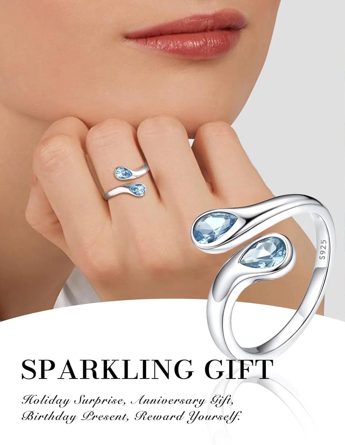 Bestyle Silver Birthstone Ring for Women, Dainty Sterling Silver Teardrop Ring Open Adjustable Band Ring, Love Statement TOI et Moi Ring Promise Ring for Her