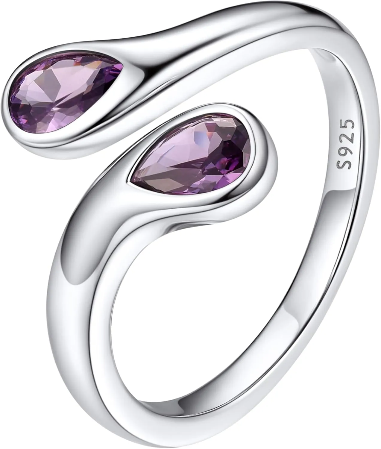 Bestyle Silver Birthstone Ring for Women, Dainty Sterling Silver Teardrop Ring Open Adjustable Band Ring, Love Statement TOI et Moi Ring Promise Ring for Her
