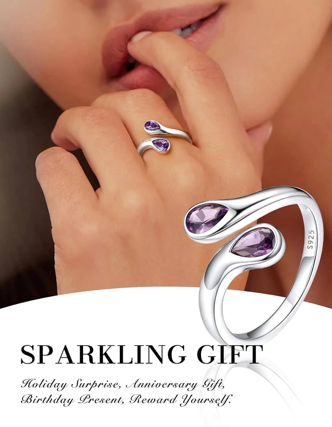 Bestyle Silver Birthstone Ring for Women, Dainty Sterling Silver Teardrop Ring Open Adjustable Band Ring, Love Statement TOI et Moi Ring Promise Ring for Her