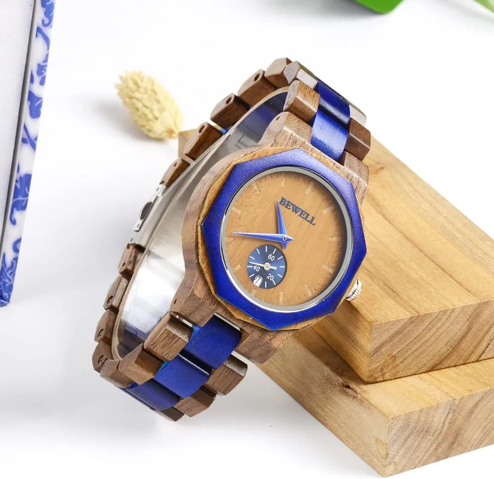 BEWELL Wooden Watch for Men,Casual Mixed Color Wood Watches Mens