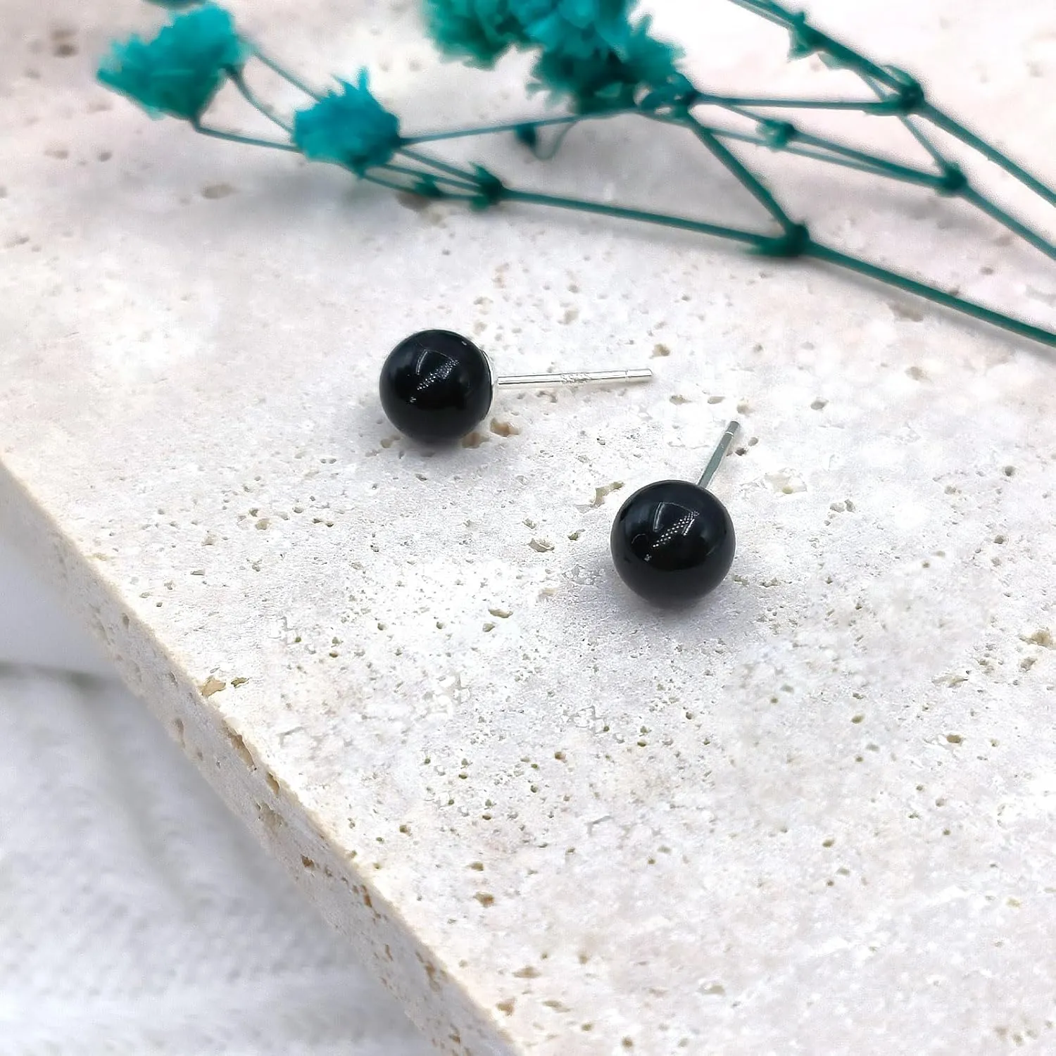 Black Agate Stone Stud Earrings for Women 6mm S925 Sterling Silver Stud Earrings Handmade Natural Gemstone Earrings Trendy Hypoallergenic Ball Earrings Jewelry for Women Girls(Black Agate Stone)