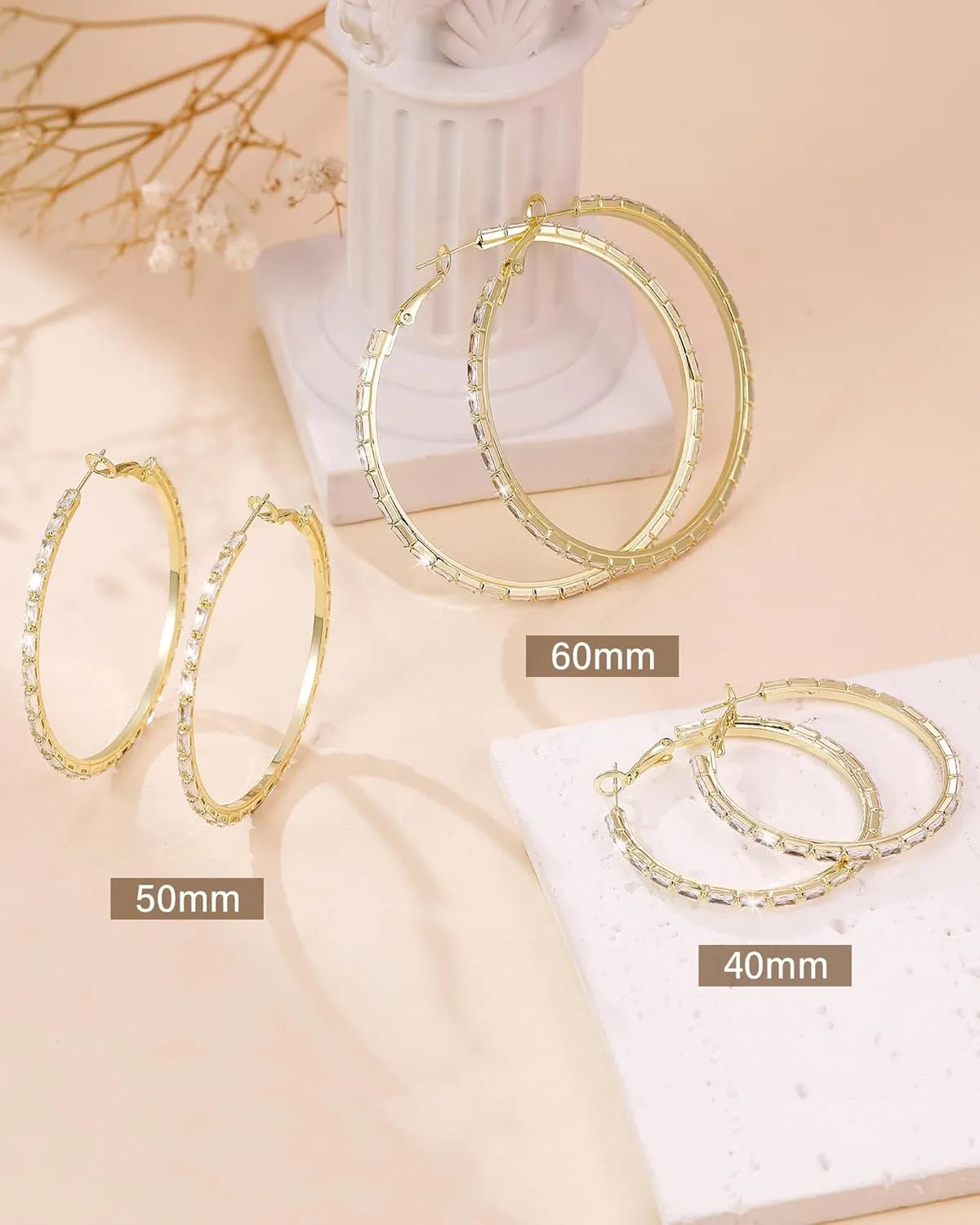 Black Earrings for Women Large Rhinestone Hoop Earrings 14K Gold Silver Plated Big CZ Hoop Earrings Hypoallergenic Jewelry With Crystals For women 40/50/60 mm