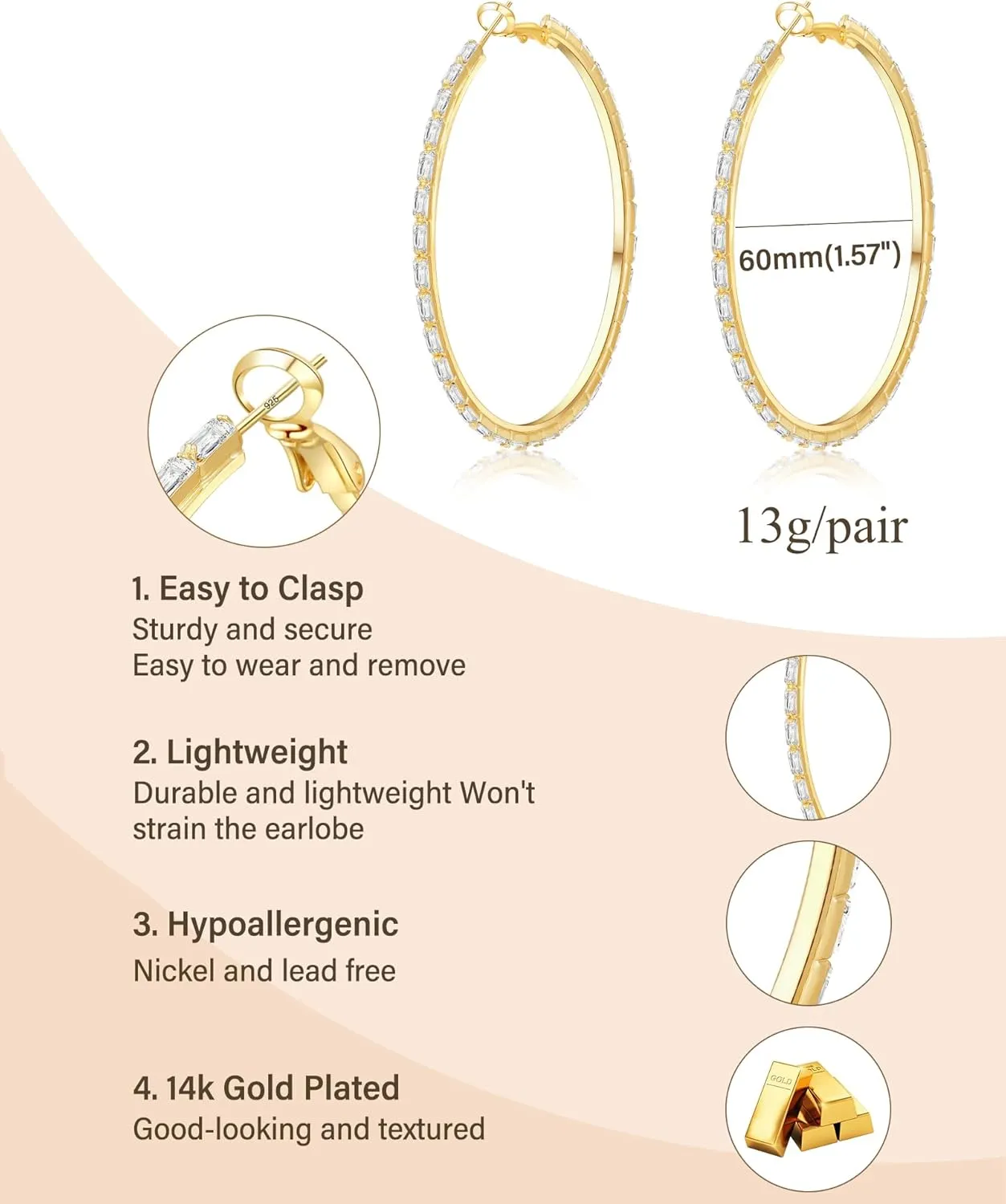 Black Earrings for Women Large Rhinestone Hoop Earrings 14K Gold Silver Plated Big CZ Hoop Earrings Hypoallergenic Jewelry With Crystals For women 40/50/60 mm