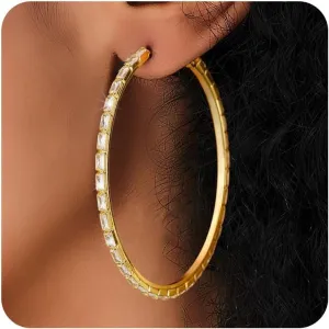 Black Earrings for Women Large Rhinestone Hoop Earrings 14K Gold Silver Plated Big CZ Hoop Earrings Hypoallergenic Jewelry With Crystals For women 40/50/60 mm
