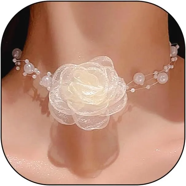 Black Flower Pearl Choker Necklace for Women,Trendy White Camellia Fairy Necklace for Bridal Bridesmaid,Dainty Pearl Chain Collar Necklaces