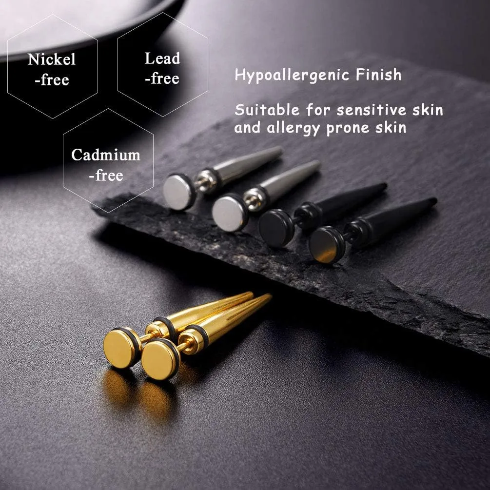Black Gold Stainless Steel Earring Set for Men Women Goth Gothic Jewelry Punk Spiked Spike Earrings(with Box)