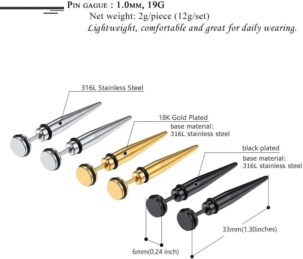 Black Gold Stainless Steel Earring Set for Men Women Goth Gothic Jewelry Punk Spiked Spike Earrings(with Box)