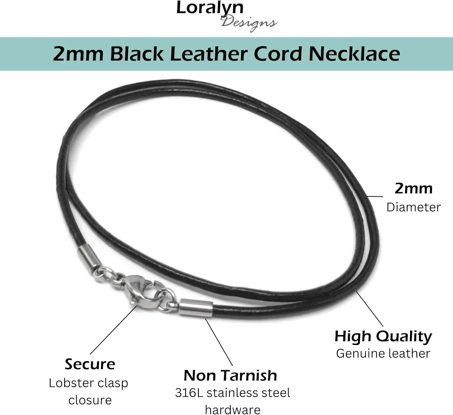 Black Leather Necklace (2mm) with Stainless Steel Clasps (14-30 Inch)