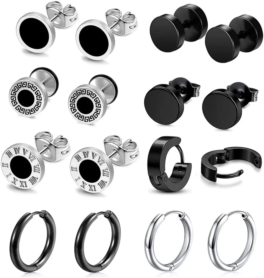 Black Men earrings stainless steel hypoallergenic small hoop earrings set surgical steel stud earrings for women sterling silver 8 Pairs