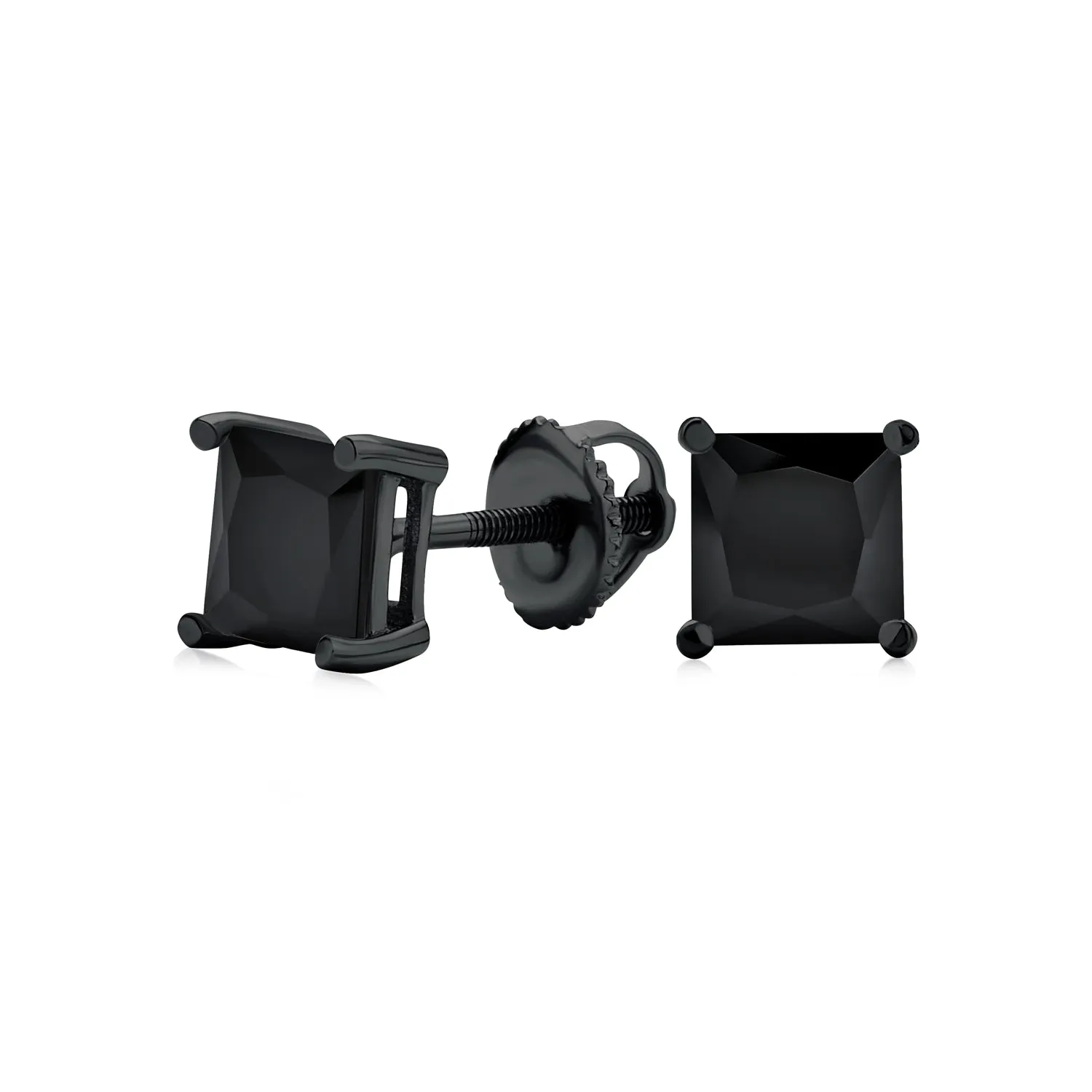 Black or Clear Square Princess CZ Stud Earrings for Men, Screw Back, 5-9 MM
