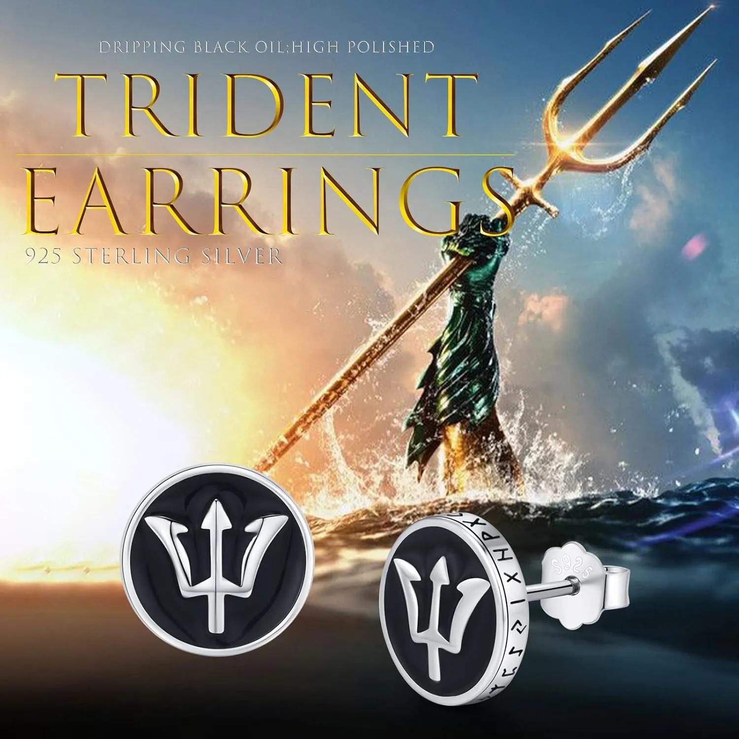 Black Stud Earrings for Men,925 Sterling Silver Myths Legends Studs Roud Black Earrings Mens Jewelry Celtic Studs Viking Runes Earrings Gift for Men Women 10mm
