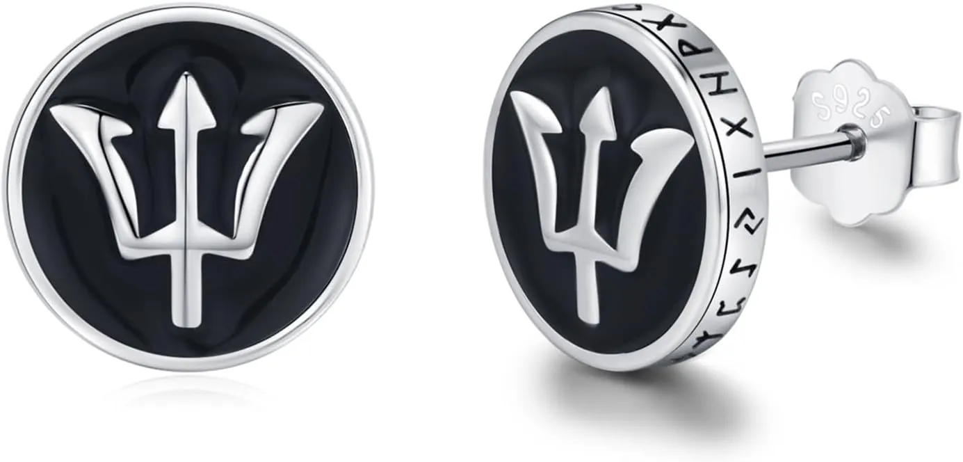 Black Stud Earrings for Men,925 Sterling Silver Myths Legends Studs Roud Black Earrings Mens Jewelry Celtic Studs Viking Runes Earrings Gift for Men Women 10mm