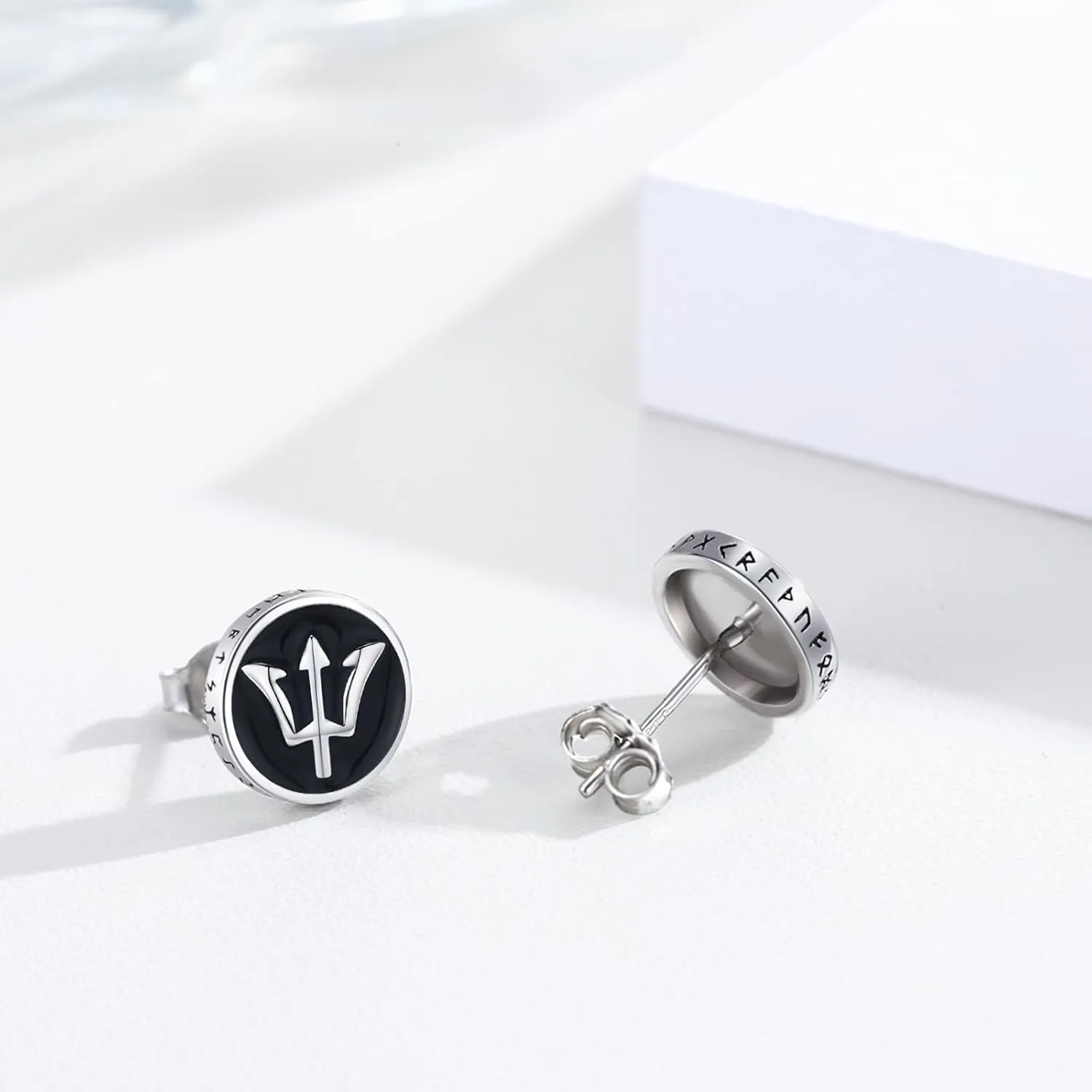 Black Stud Earrings for Men,925 Sterling Silver Myths Legends Studs Roud Black Earrings Mens Jewelry Celtic Studs Viking Runes Earrings Gift for Men Women 10mm