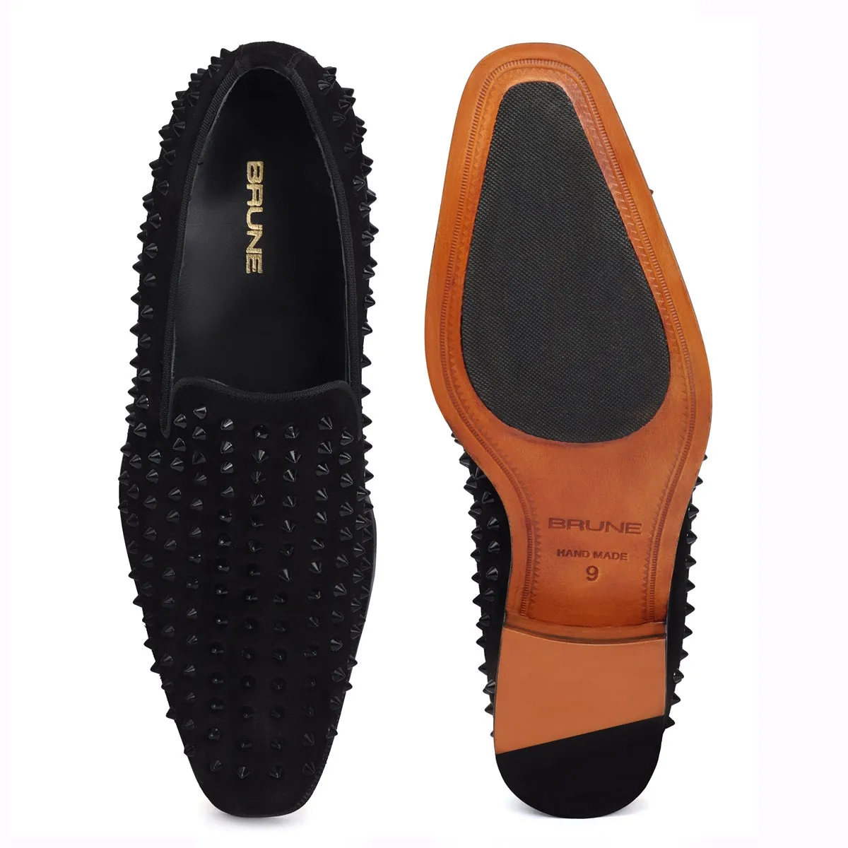 Black Studded Sleek Toe Loafer in Suede Leather