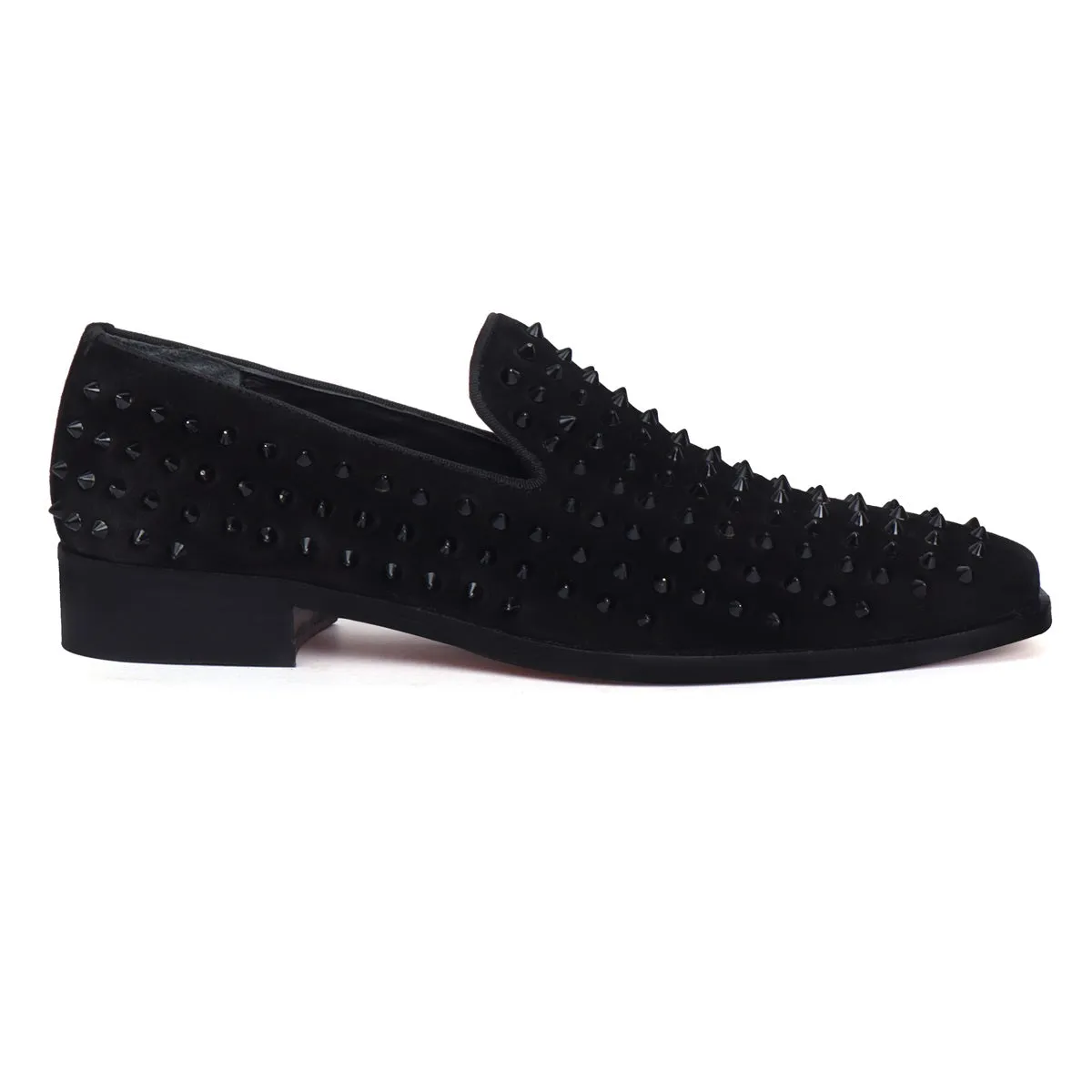 Black Studded Sleek Toe Loafer in Suede Leather