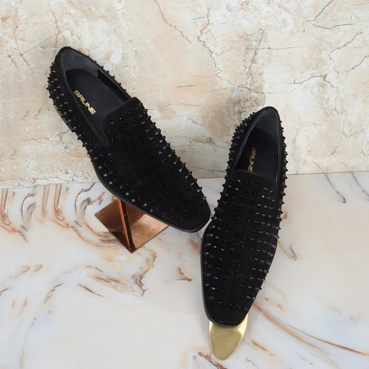 Black Studded Sleek Toe Loafer in Suede Leather