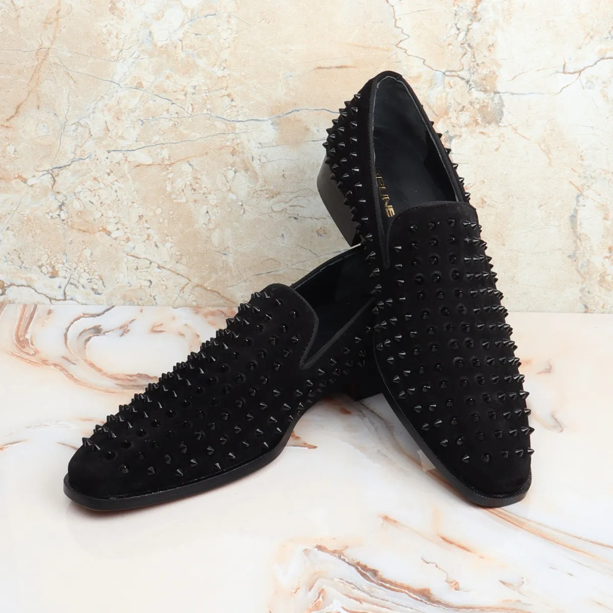 Black Studded Sleek Toe Loafer in Suede Leather
