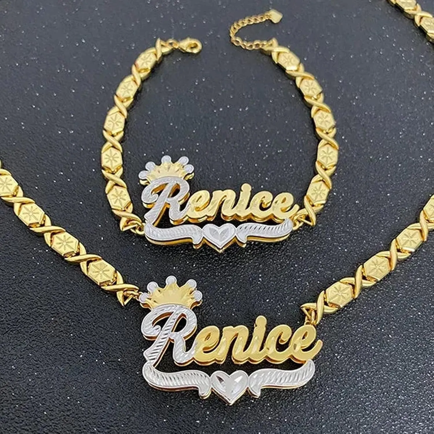 BlingSparkle Double Plated Nameplate Name Necklace Custom Heart Necklace Personalized Two Tone Gold and Silver Custom Name Necklace for Women Teen Girls Jewelry Gift