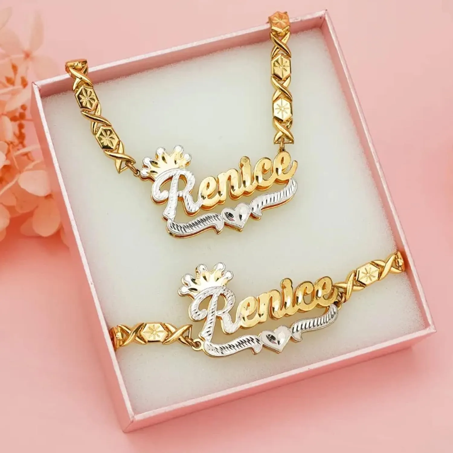 BlingSparkle Double Plated Nameplate Name Necklace Custom Heart Necklace Personalized Two Tone Gold and Silver Custom Name Necklace for Women Teen Girls Jewelry Gift
